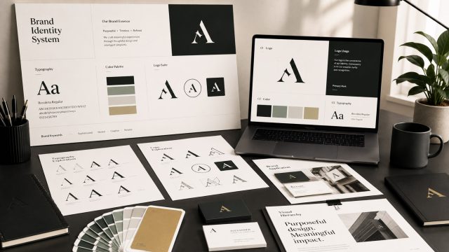 Modern design workspace with typography studies, logo sketches, colour swatches, brand guidelines, business cards, and a laptop showing a visual identity system.