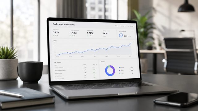Laptop displaying organic search performance, traffic growth, keyword data, and device analytics on a modern office desk.