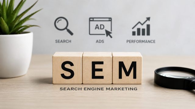 Wooden SEM blocks on a desk with search, ads, and performance icons in the background, plus a plant and magnifying glass.