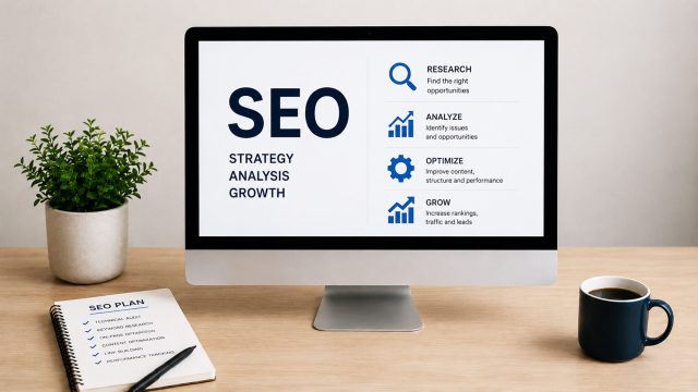 iMac displaying an SEO strategy overview beside a planning notebook, pen, coffee mug, and potted plant on a clean wooden desk.