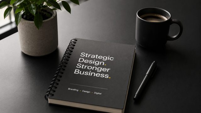 Black notebook reading 'Strategic Design. Stronger Business.' on a minimalist desk with a pen, coffee mug, and potted plant.