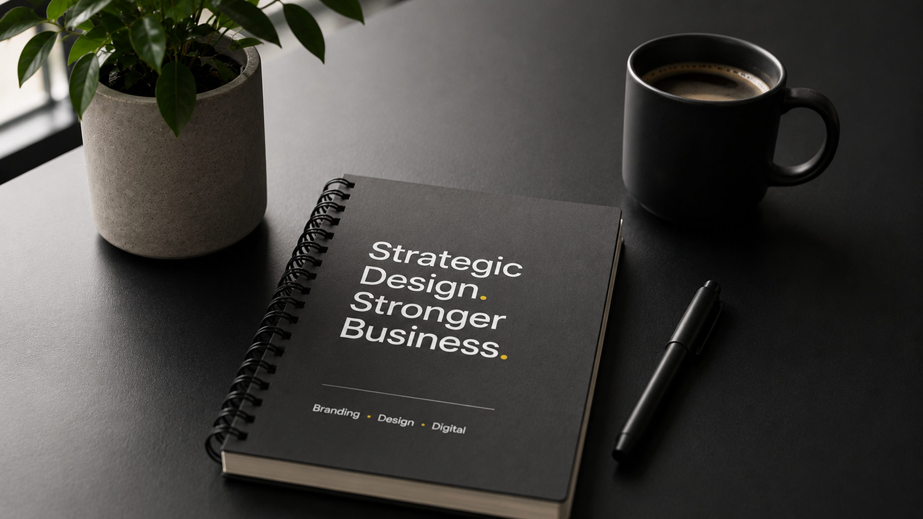 Black notebook reading 'Strategic Design. Stronger Business.' on a minimalist desk with a pen, coffee mug, and potted plant.