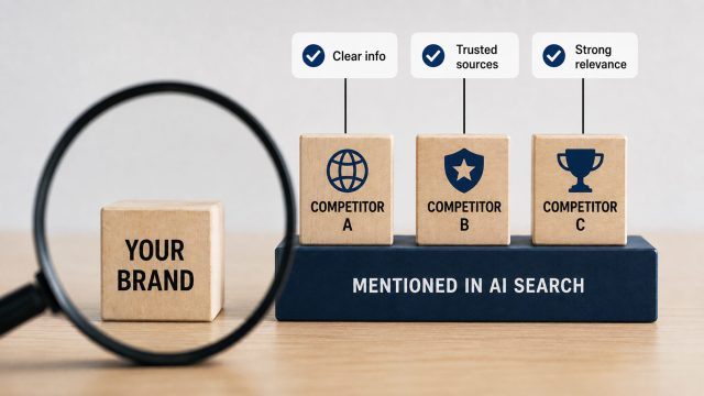 Wooden block representing an overlooked brand beside three competitor blocks elevated as brands mentioned in AI search for stronger relevance and authority.