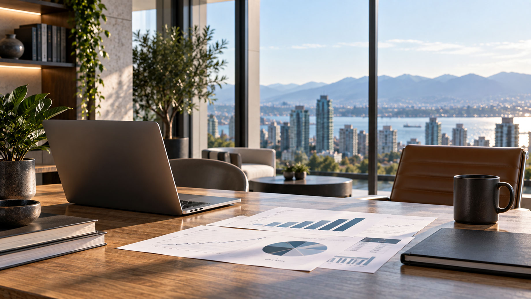 Laptop and financial charts on a wooden desk in a modern office overlooking a waterfront skyline and distant mountains.