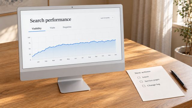 iMac displaying a search performance chart beside an SEO checklist and pen on an oak desk.