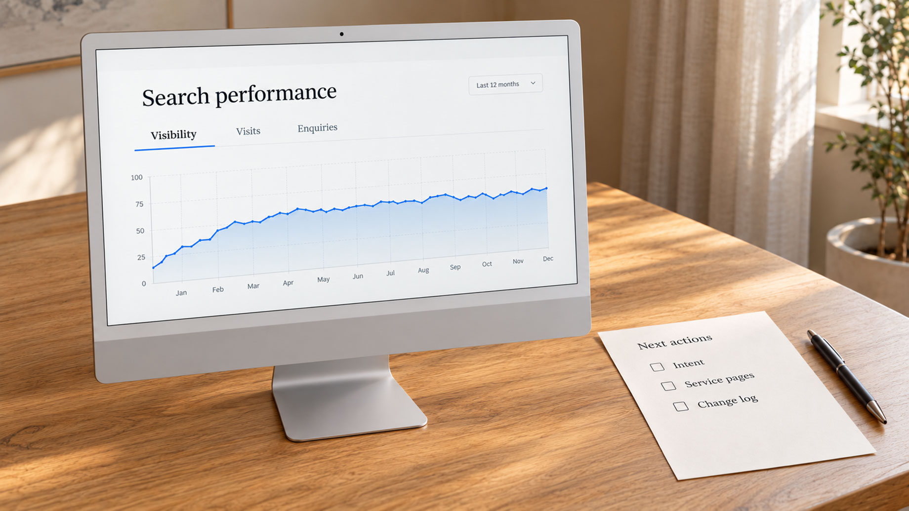 iMac displaying a search performance chart beside an SEO checklist and pen on an oak desk.