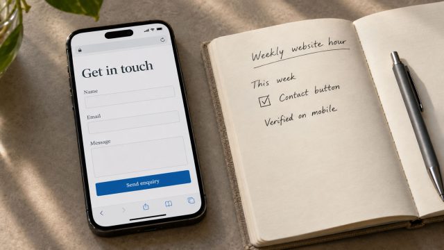Smartphone displaying a contact form beside an open notebook with a checked website task and a pen.