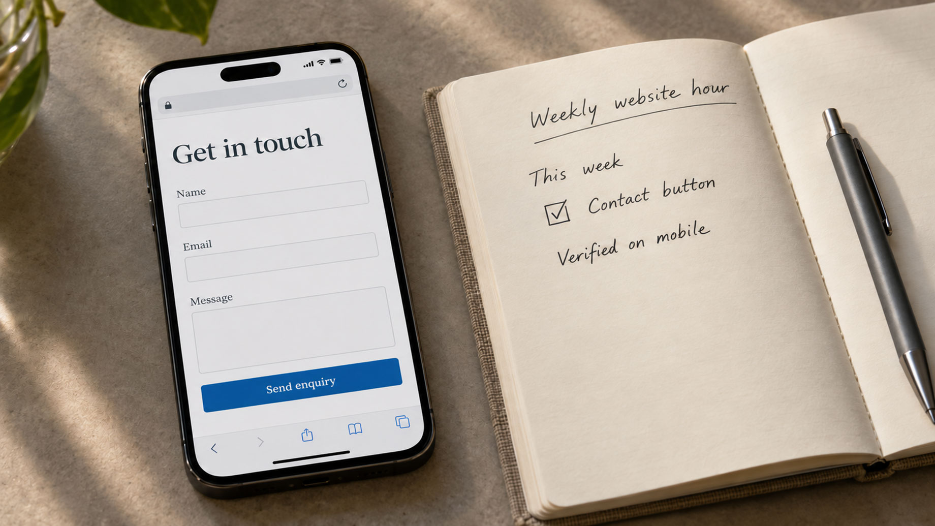 Smartphone displaying a contact form beside an open notebook with a checked website task and a pen.
